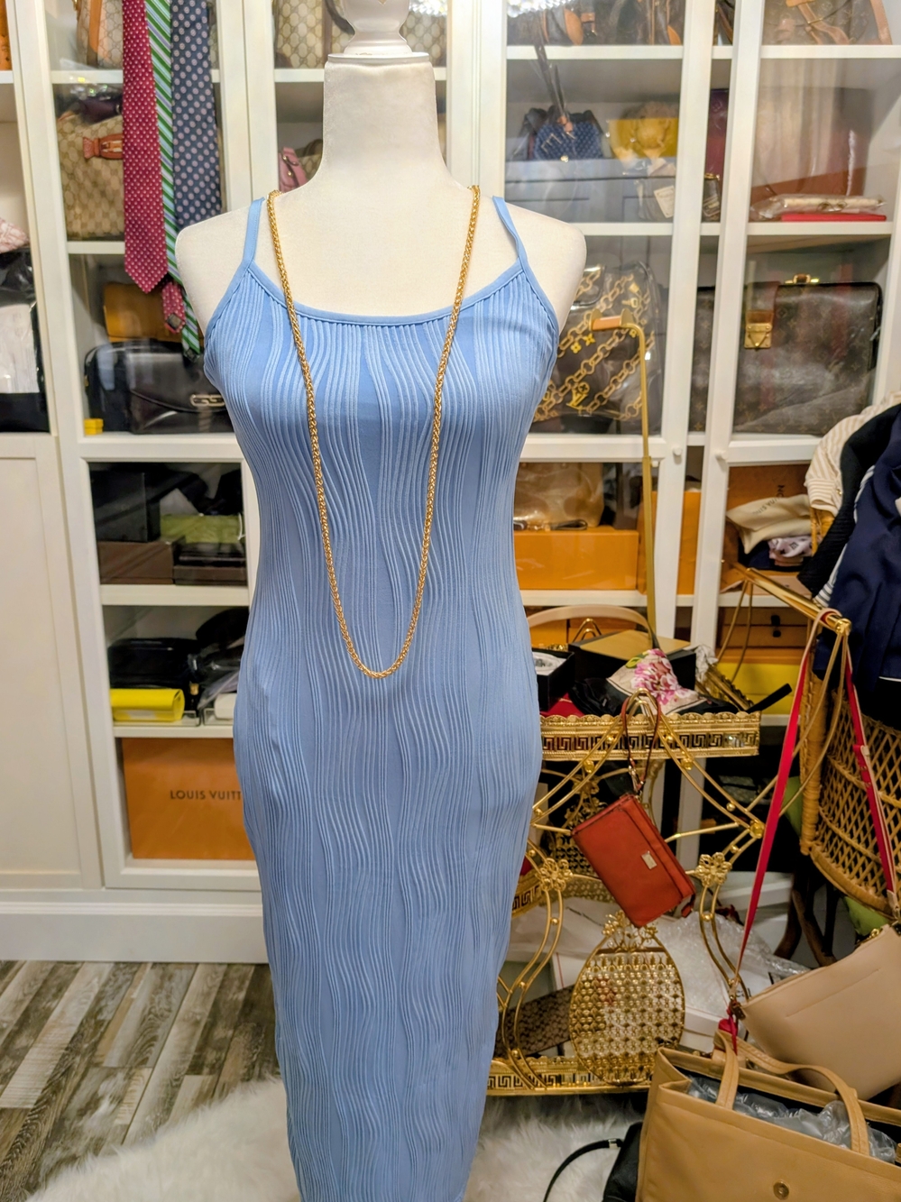 Sky Blue Ribbed Slip Midi Dress with Thin Straps